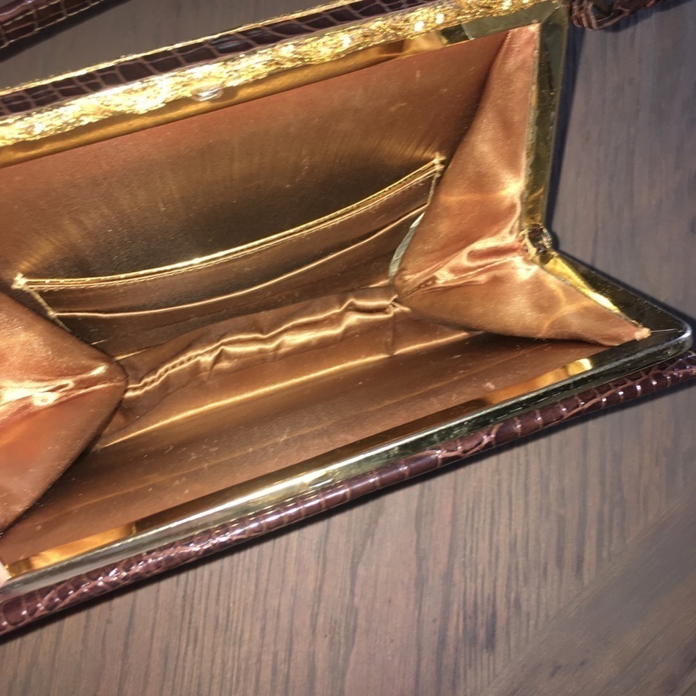 Vintage Handbag Chocolate Brown Croc Pattern with gold tone trim by After Five - Picture 8 of 16